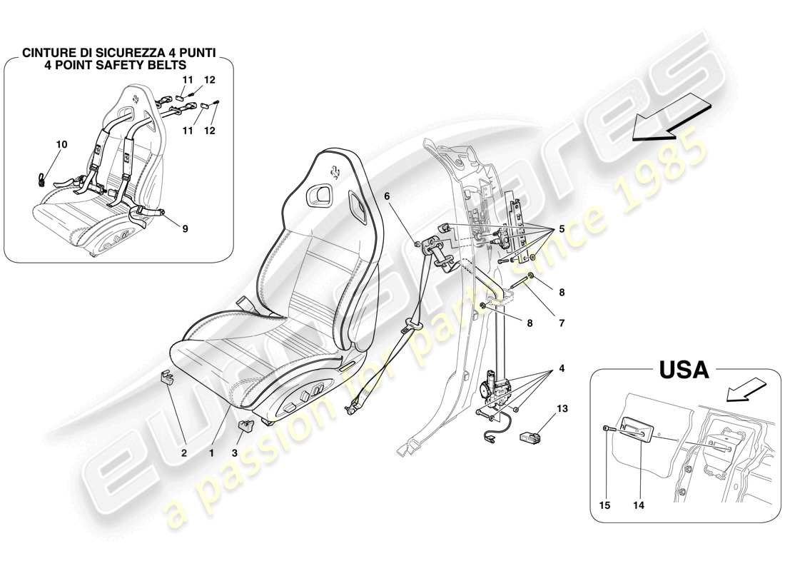 ferrari 599 gto (rhd) sedili anteriori completi e cinture di sicurezza diagramma delle parti