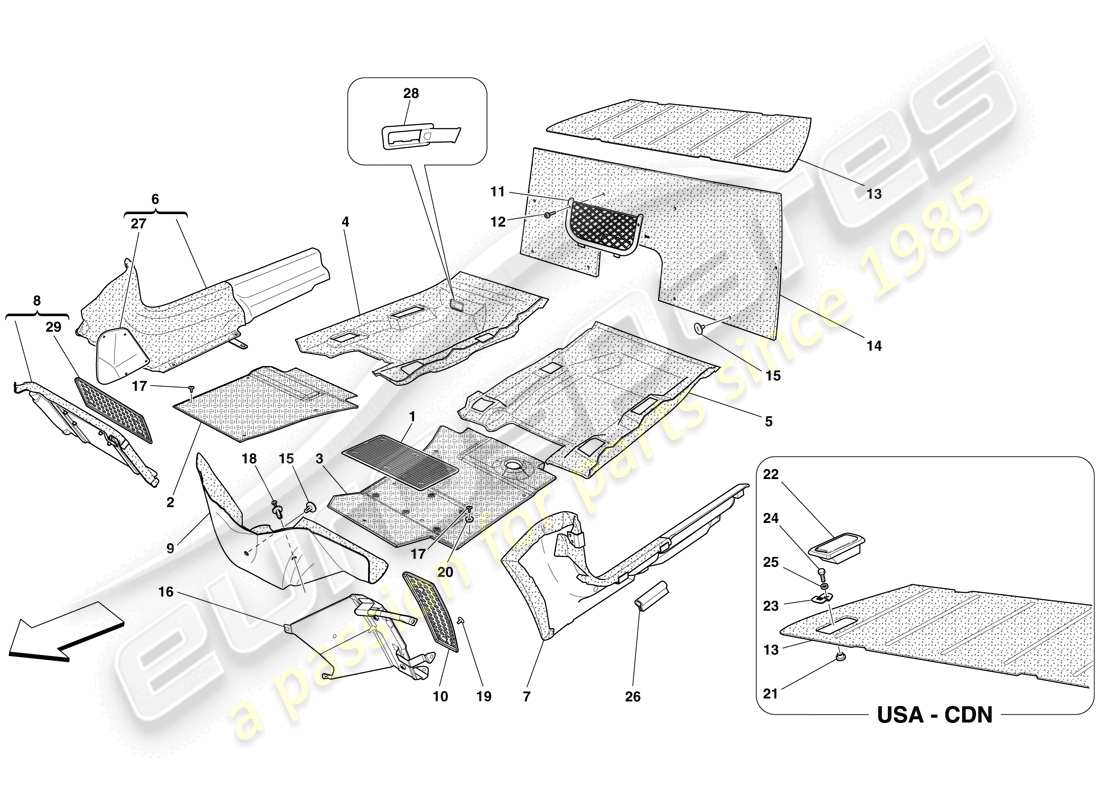 ferrari 599 gto (rhd) rivestimenti e tappeti abitacolo passeggero diagramma delle parti