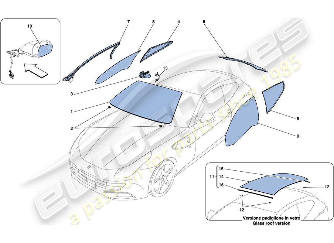 ferrari ff (rhd) schermi, finestre e guarnizioni diagramma delle parti