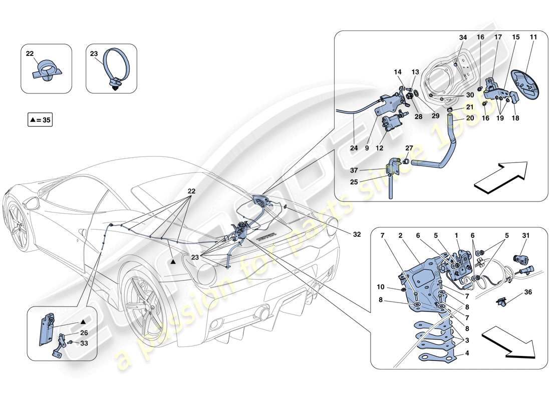 ferrari 458 speciale (rhd) meccanismi di apertura del coperchio del vano motore e dello sportello del riempimento carburante schema delle parti