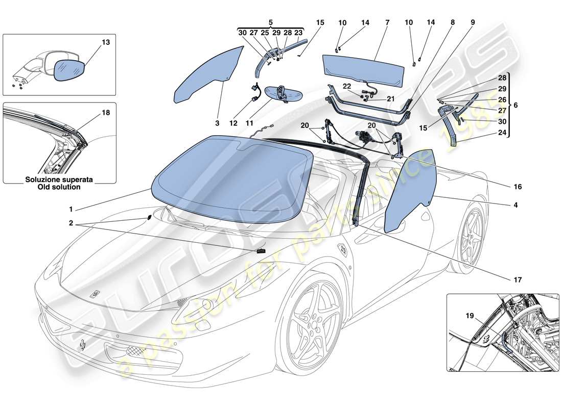 ferrari 458 spider (europe) schermi, finestre e guarnizioni diagramma delle parti