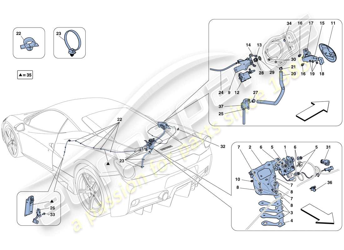ferrari 458 speciale (europe) meccanismi di apertura del coperchio del vano motore e dello sportello del riempimento carburante schema delle parti