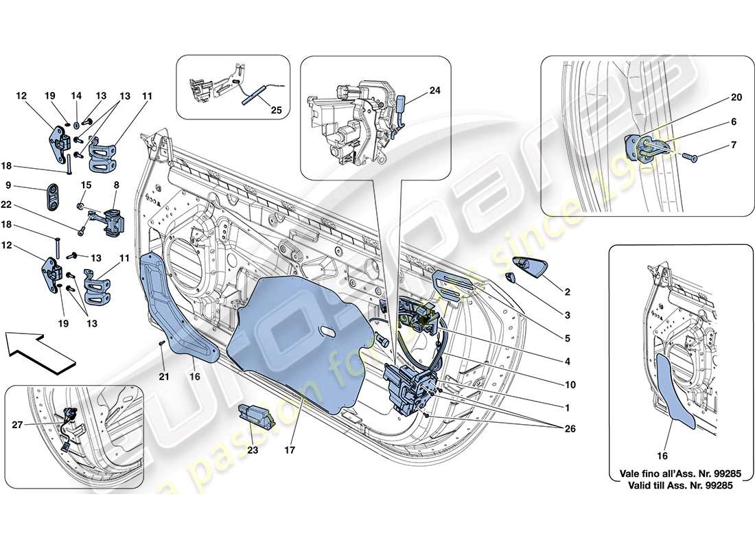 ferrari ff (rhd) ante - meccanismo di apertura e cerniere diagramma delle parti