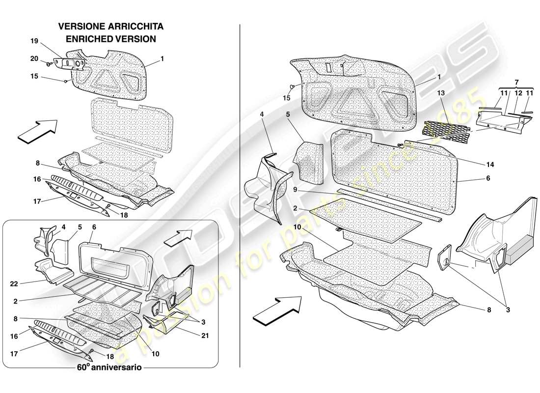 ferrari 612 scaglietti (rhd) rivestimento del vano bagagli schema delle parti