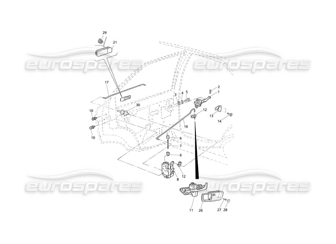 maserati qtp v8 evoluzione porte posteriori: schema delle parti delle cerniere e dei comandi interni