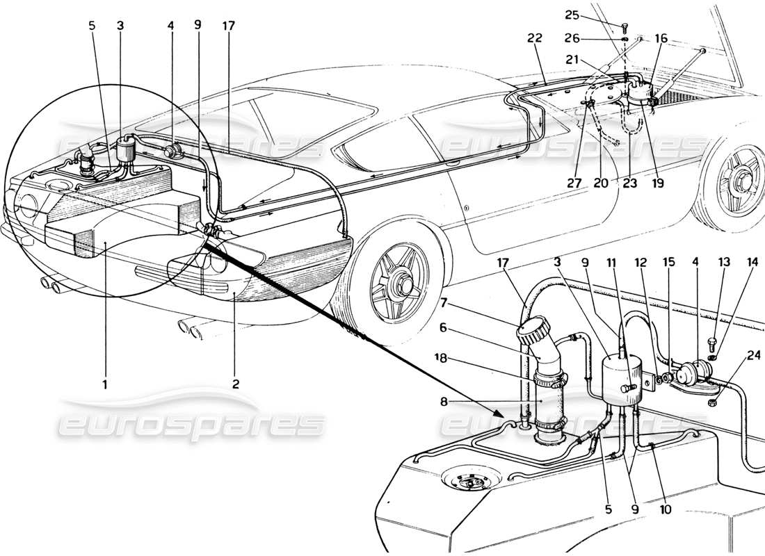 ferrari 365 gtb4 daytona (1969) diagramma delle parti del sistema della pompa del carburante (revisione 1972).