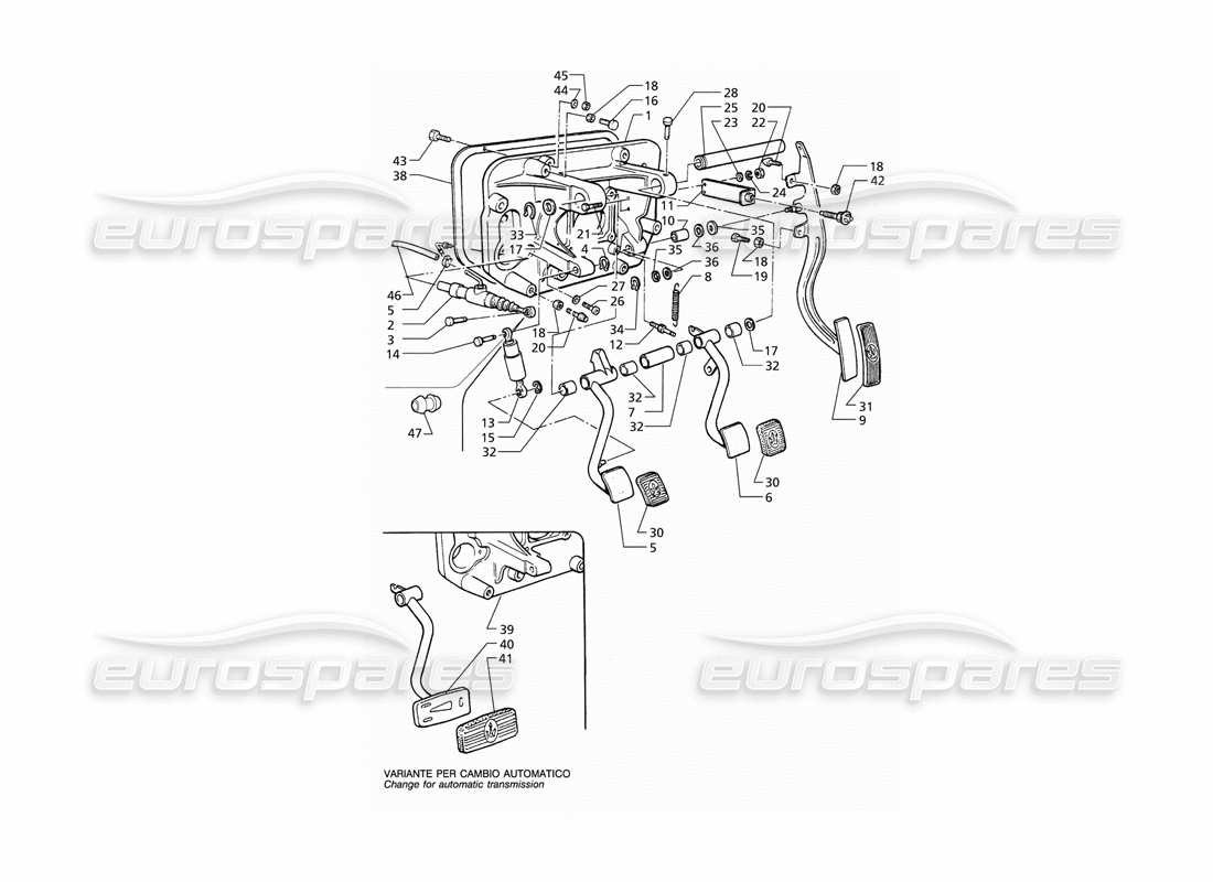 maserati qtp v6 (1996) diagramma delle parti del gruppo pedale e della pompa frizione (rhd).