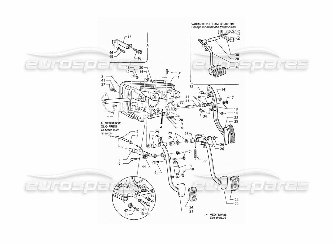 maserati qtp v6 (1996) diagramma delle parti del gruppo pedale e della pompa frizione (lhd).