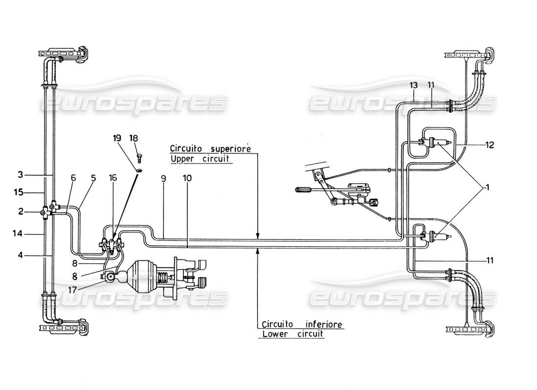 ferrari 365 gtb4 daytona (1969) diagramma delle parti del sistema di linee dei freni (revisione 1974).