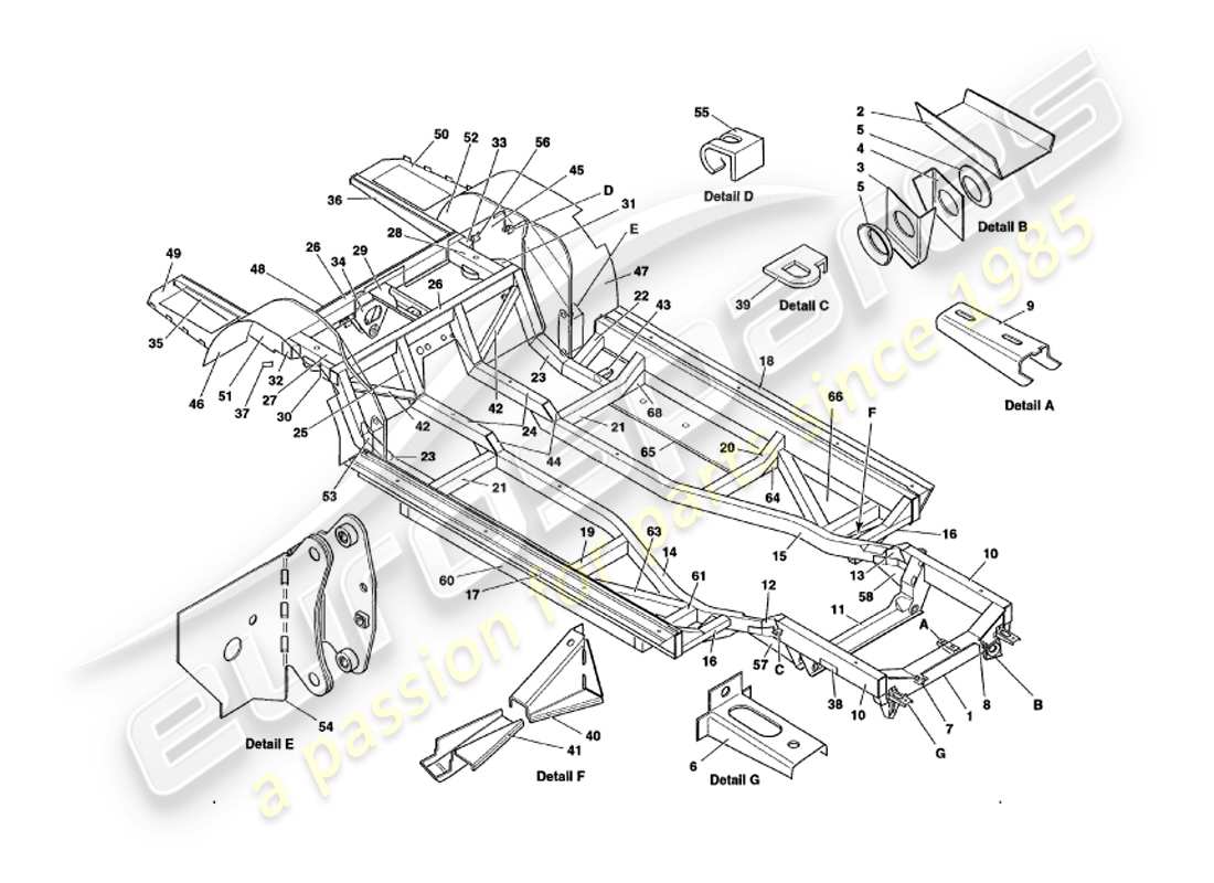 aston martin v8 volante (1999) telaio del telaio diagramma delle parti