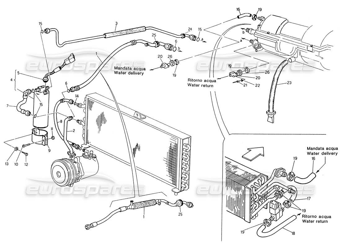maserati 222 / 222e biturbo schema delle parti del sistema di climatizzazione sterzo sinistro (dopo la modifica).