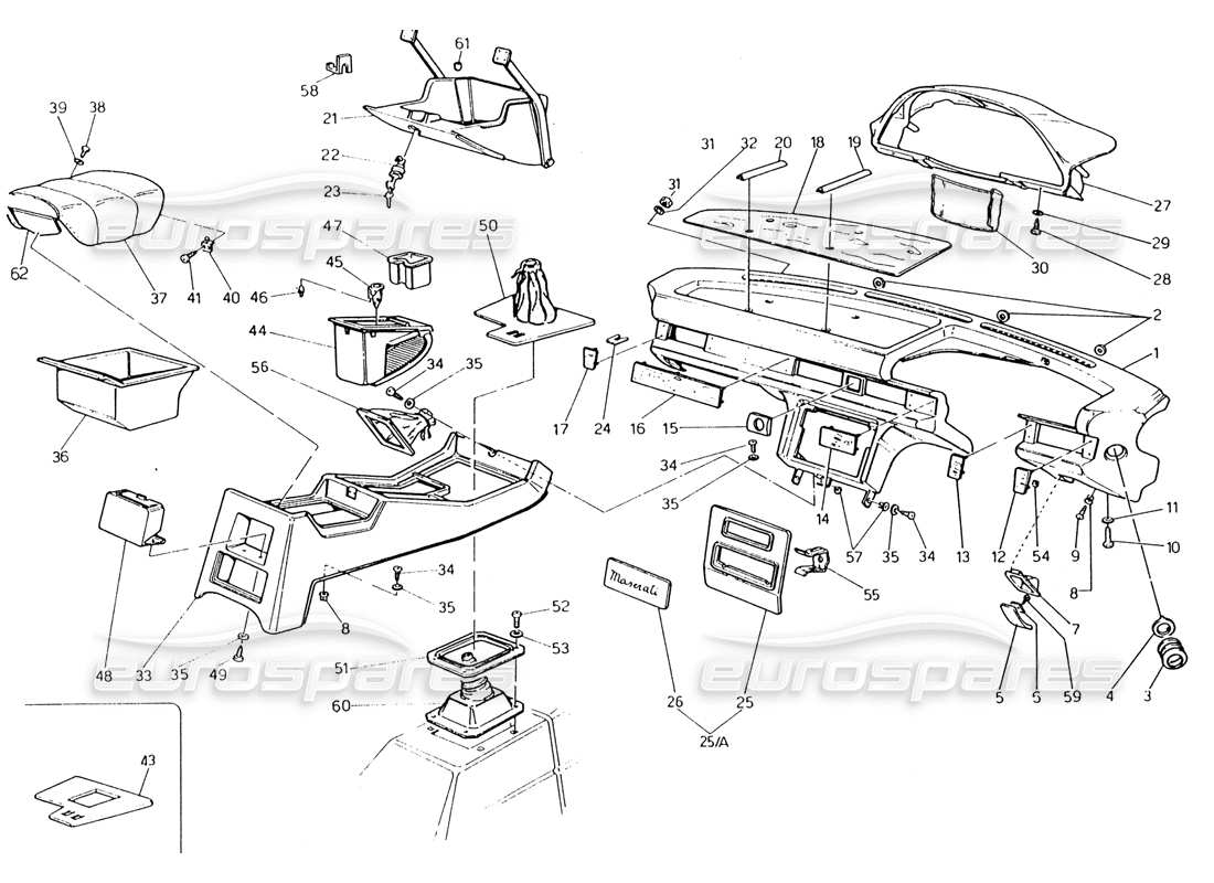 maserati 222 / 222e biturbo schema delle parti del pannello strumenti e della console (sterzo destro).
