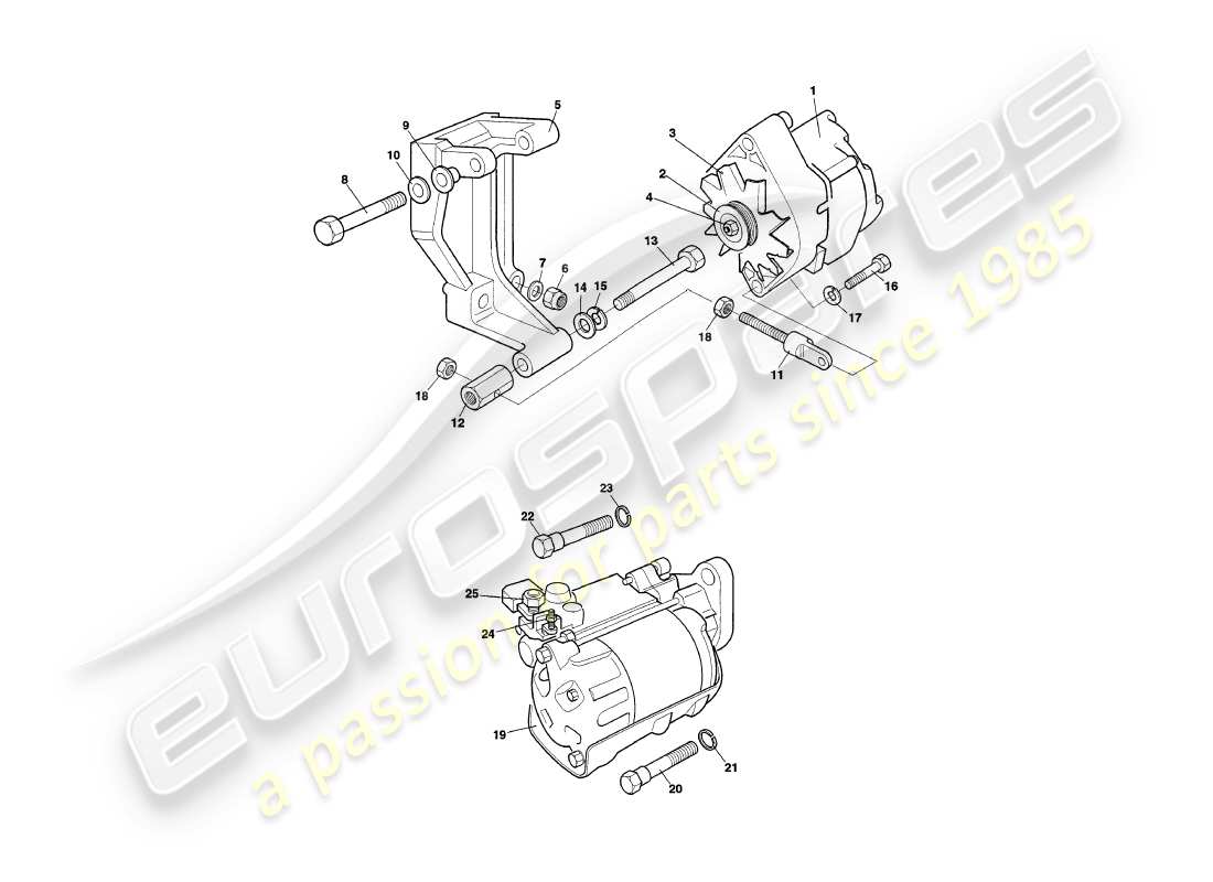 aston martin v8 volante (1999) diagramma delle parti del generatore, del motorino di avviamento e della pompa dell'aria