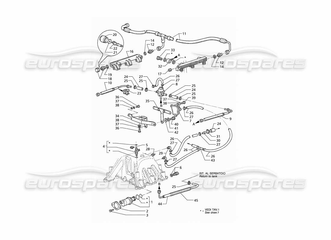 maserati qtp v6 (1996) diagramma delle parti degli accessori del sistema di iniezione (lhd).