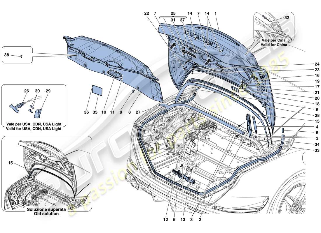 ferrari california t (europe) coperchio posteriore e meccanismo di apertura diagramma delle parti