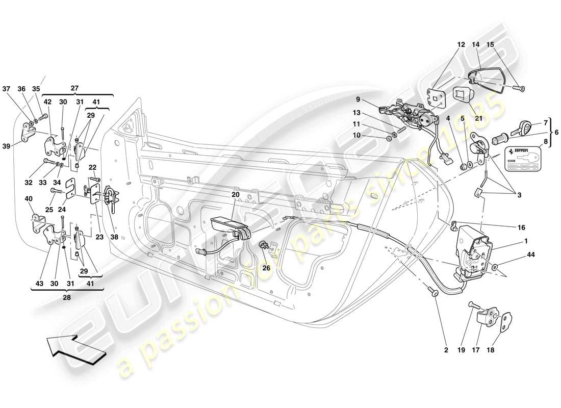 ferrari 599 gto (europe) porte - meccanismo di apertura e cerniere schema parte