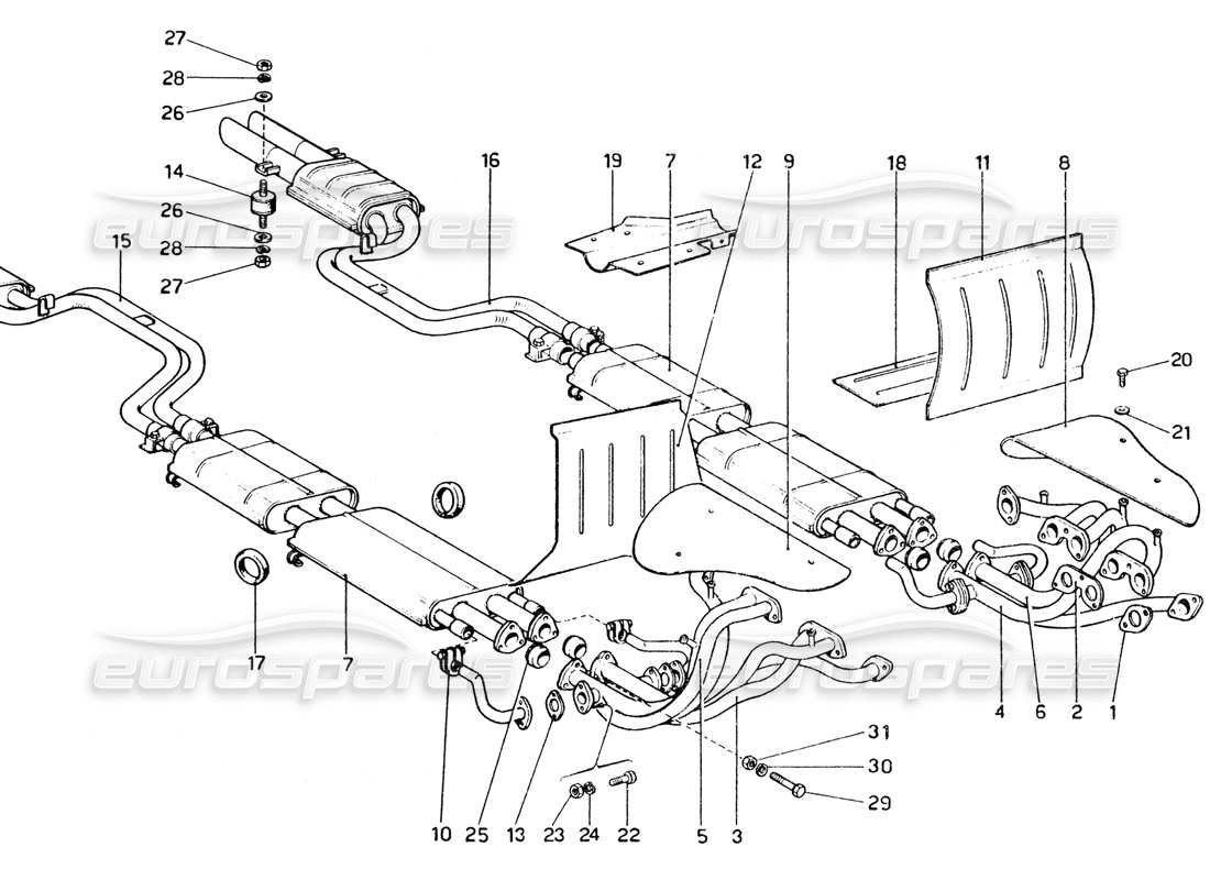 ferrari 365 gtc4 (mechanical) sistema di scarico - schema delle parti di revisione
