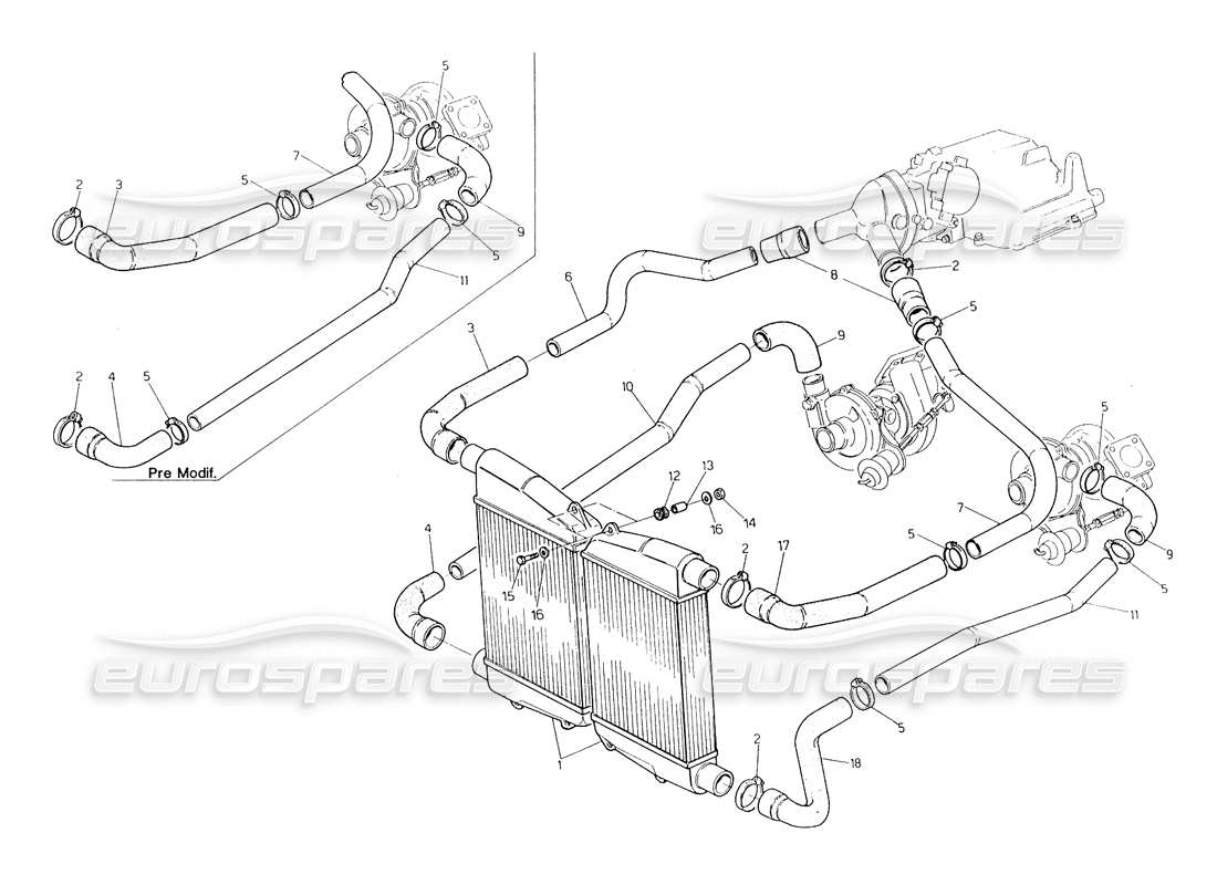 maserati biturbo spider scambiatore di calore: diagramma delle parti dei tubi
