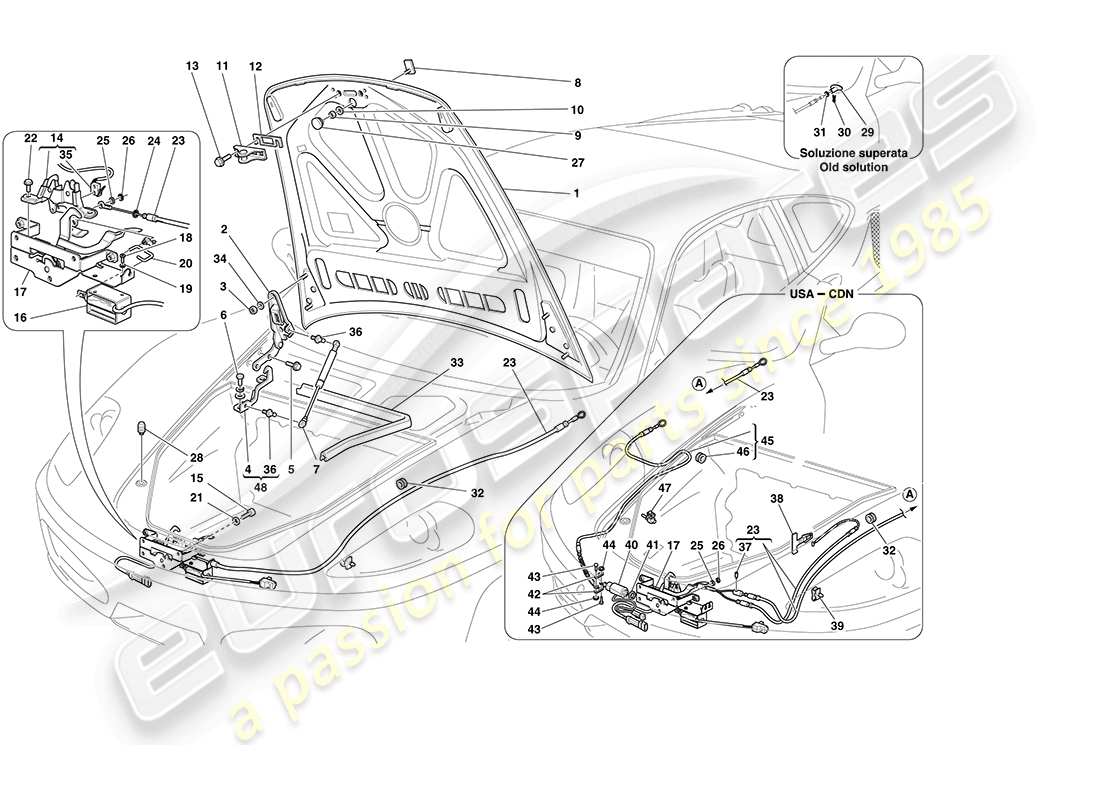 ferrari f430 coupe (rhd) coperchio anteriore e meccanismo di apertura schema delle parti