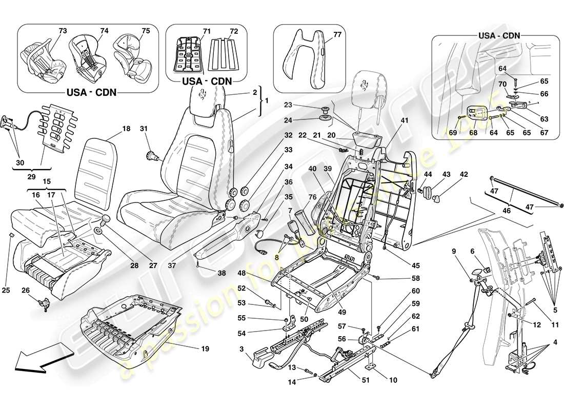 ferrari f430 coupe (rhd) sedile anteriore manuale - cinture di sicurezza diagramma delle parti