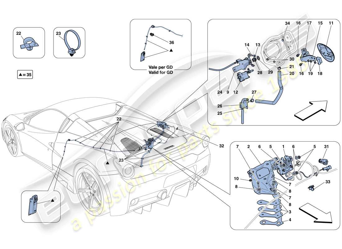 ferrari 458 speciale aperta (rhd) meccanismi di apertura del coperchio del vano motore e dello sportello del riempimento carburante schema delle parti
