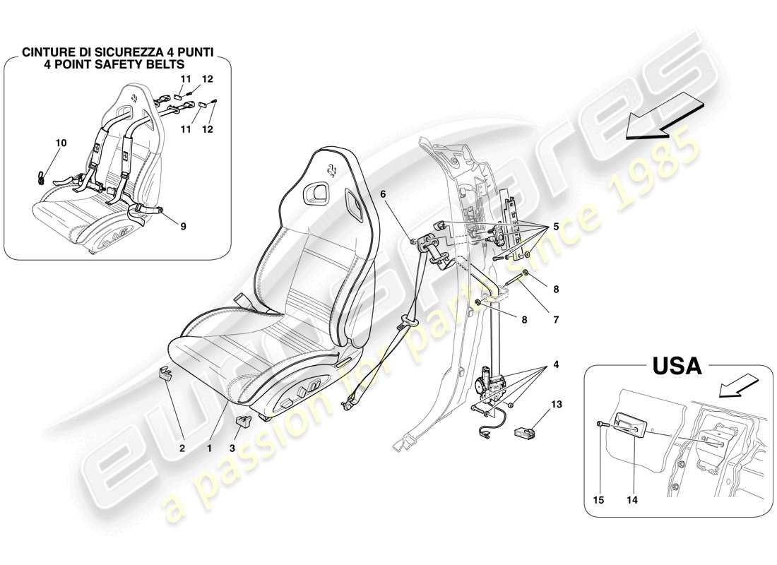 ferrari 599 gto (europe) sedile anteriore completo e cinture di sicurezza schema delle parti