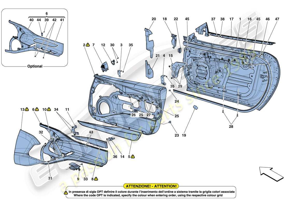 ferrari 812 superfast (usa) porte - sottostruttura e rivestimento schema delle parti