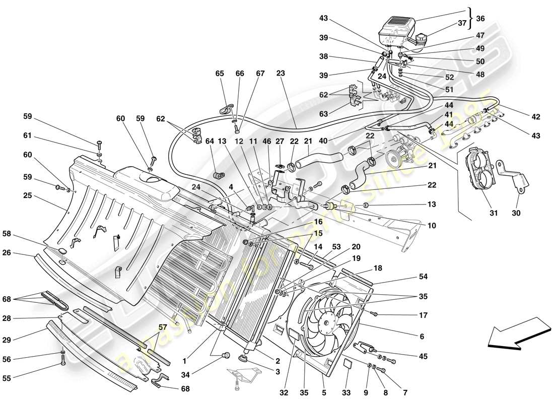 ferrari 612 scaglietti (rhd) sistema di raffreddamento - radiatore e serbatoio di colletzione schema delle parti