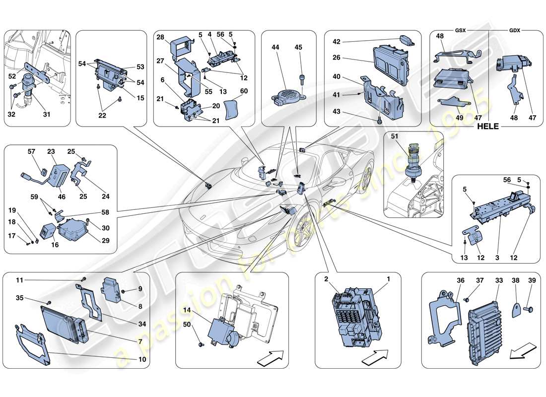 ferrari 458 italia (rhd) schema delle parti delle centraline elettroniche del veicolo