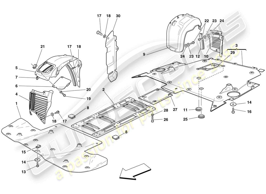 ferrari f430 scuderia (rhd) sottocorpone e timone piatti diagramma delle parti