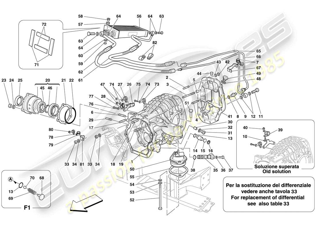 ferrari 599 gtb fiorano (rhd) scatola differenziale e radiatore di raffreddamento del cambio schema delle parti