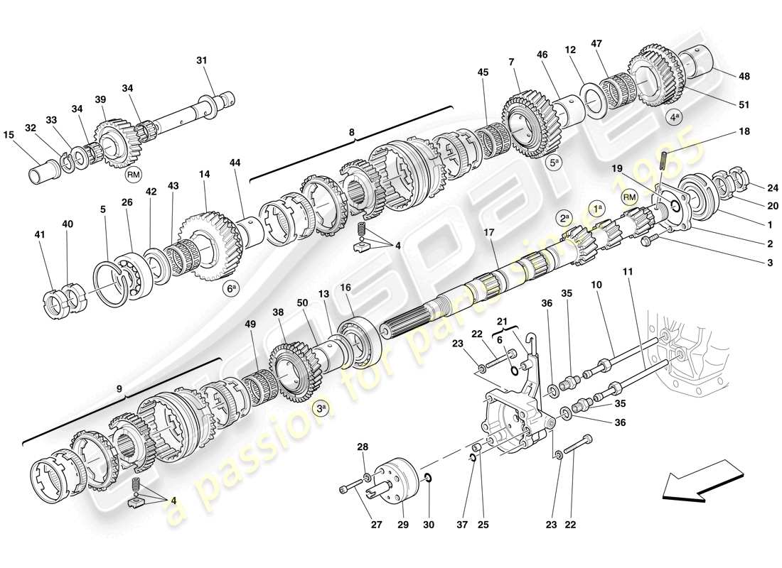 ferrari 599 sa aperta (rhd) ingranaggi albero cambio primario e pompa olio cambio diagramma delle parti