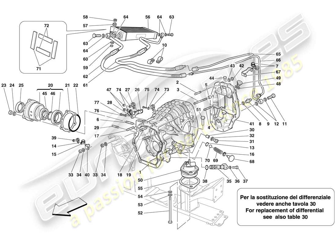 ferrari 599 sa aperta (rhd) scatola differenziale e radiatore di raffreddamento del cambio schema delle parti