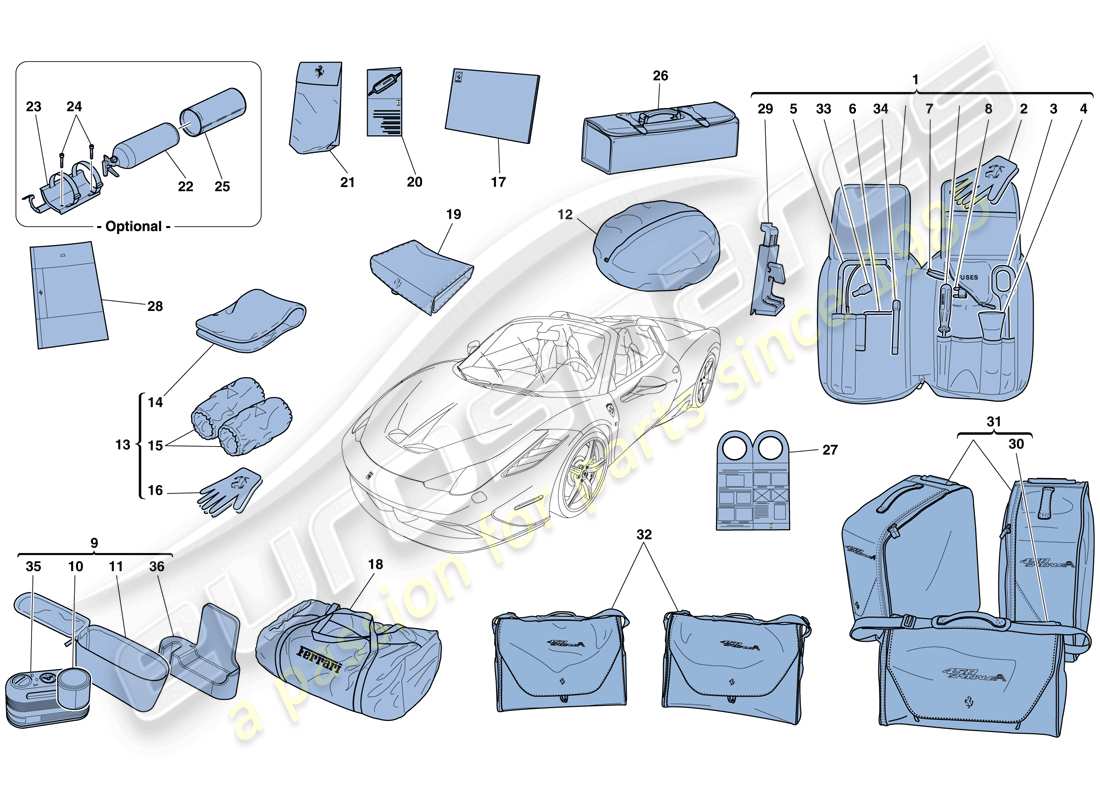 ferrari 458 speciale aperta (rhd) attrezzi e accessori forniti con il veicolo schema delle parti