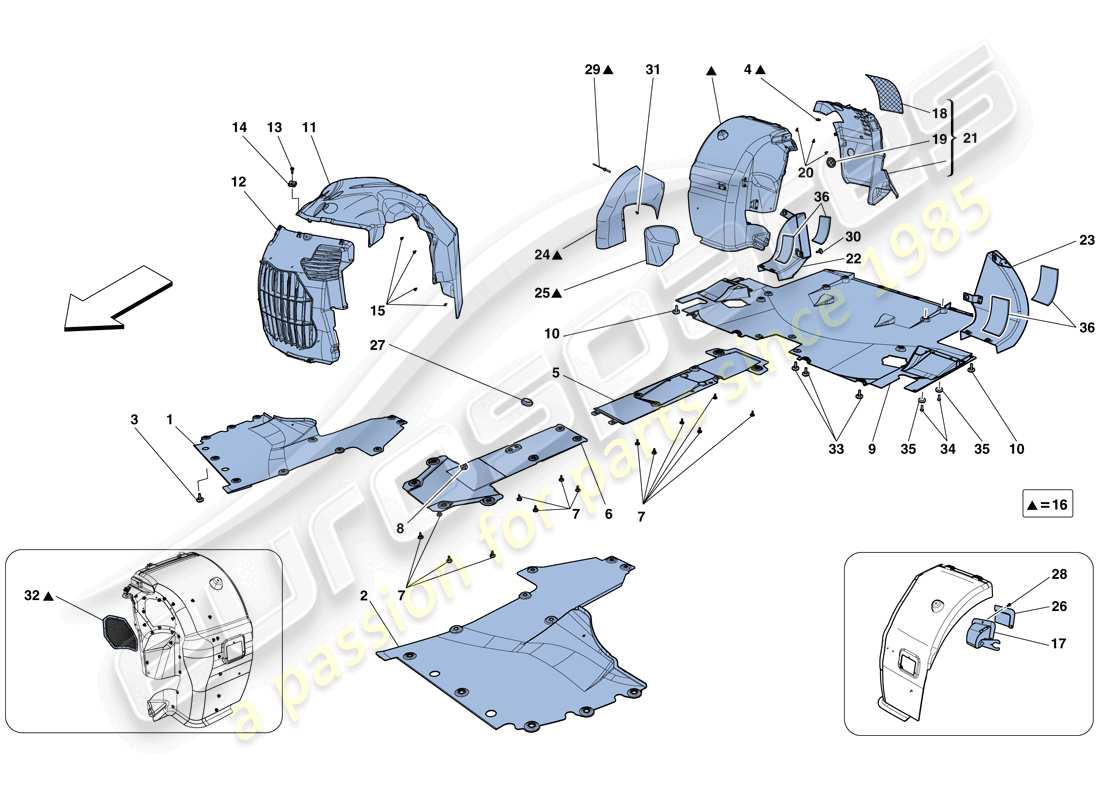 ferrari 458 spider (rhd) sottocorpone piatto e passaruote schema delle parti