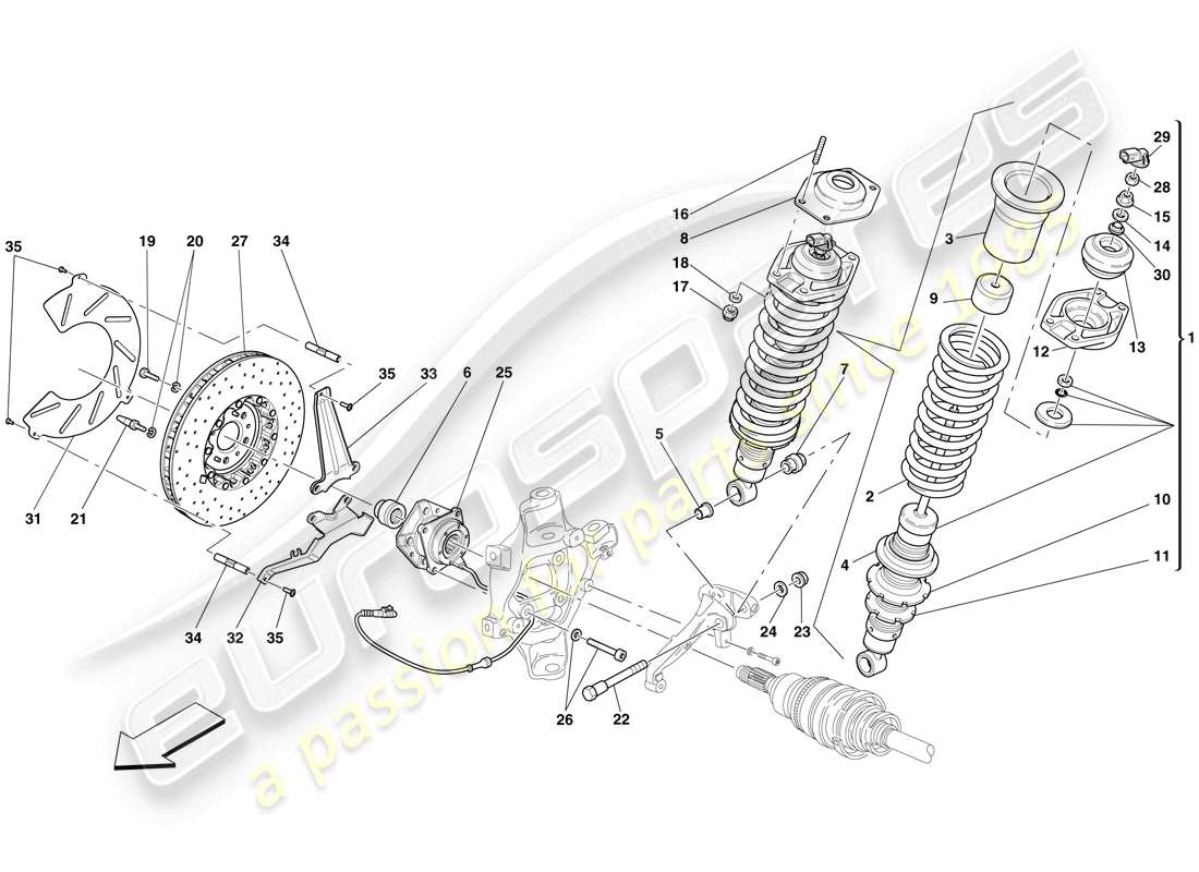 ferrari 599 gto (rhd) sospensione posteriore - ammortizzatore e disco freno schema parte