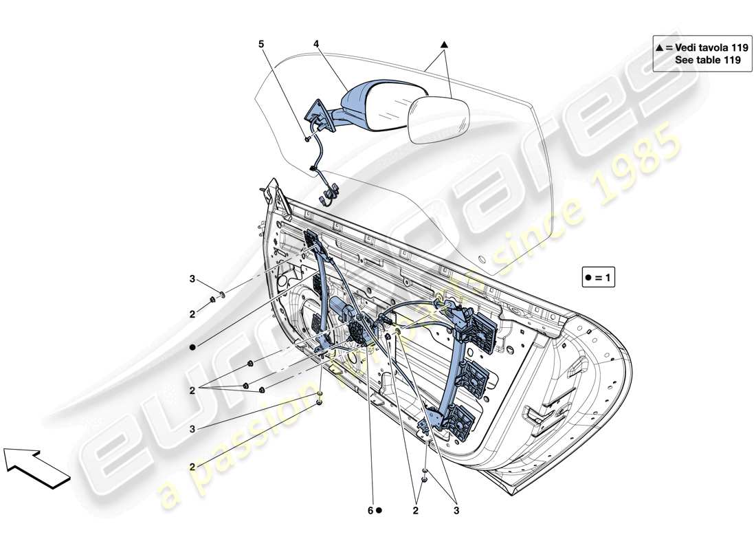 ferrari f12 berlinetta (rhd) porte - alzacristalli elettrici e specchio retrovisore diagramma delle parti