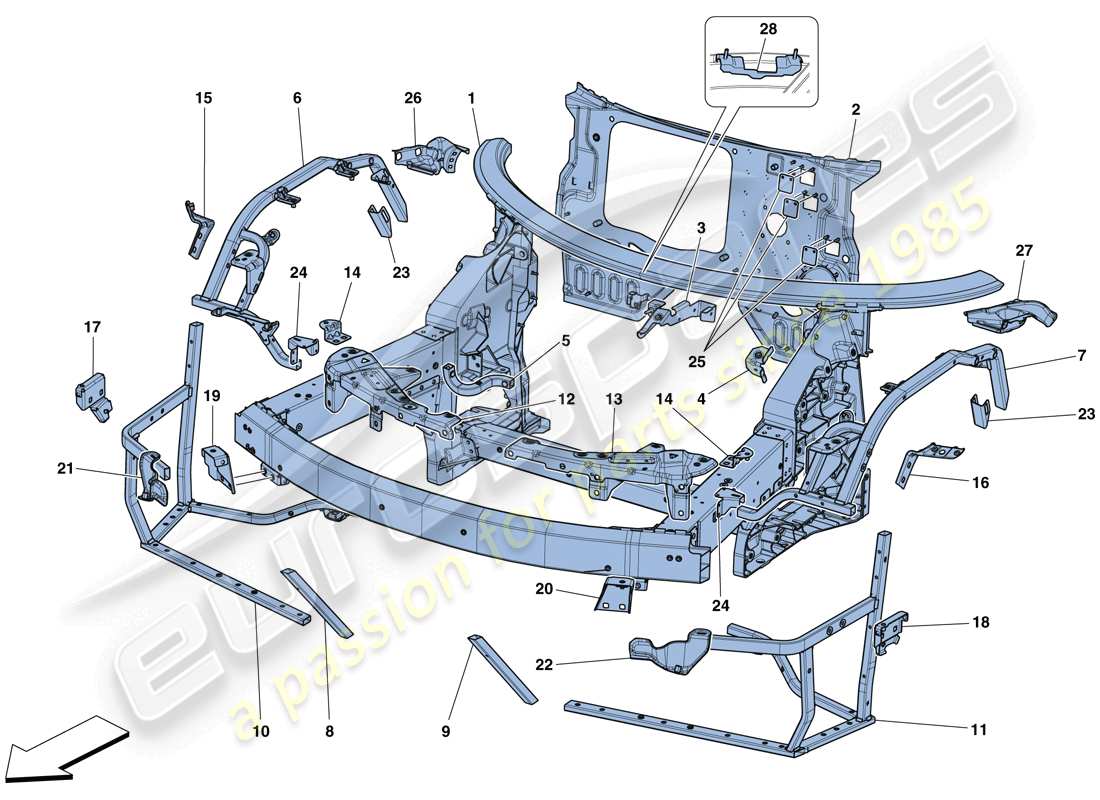 ferrari 488 spider (rhd) telaio - struttura anteriore completa e pannelli schema delle parti