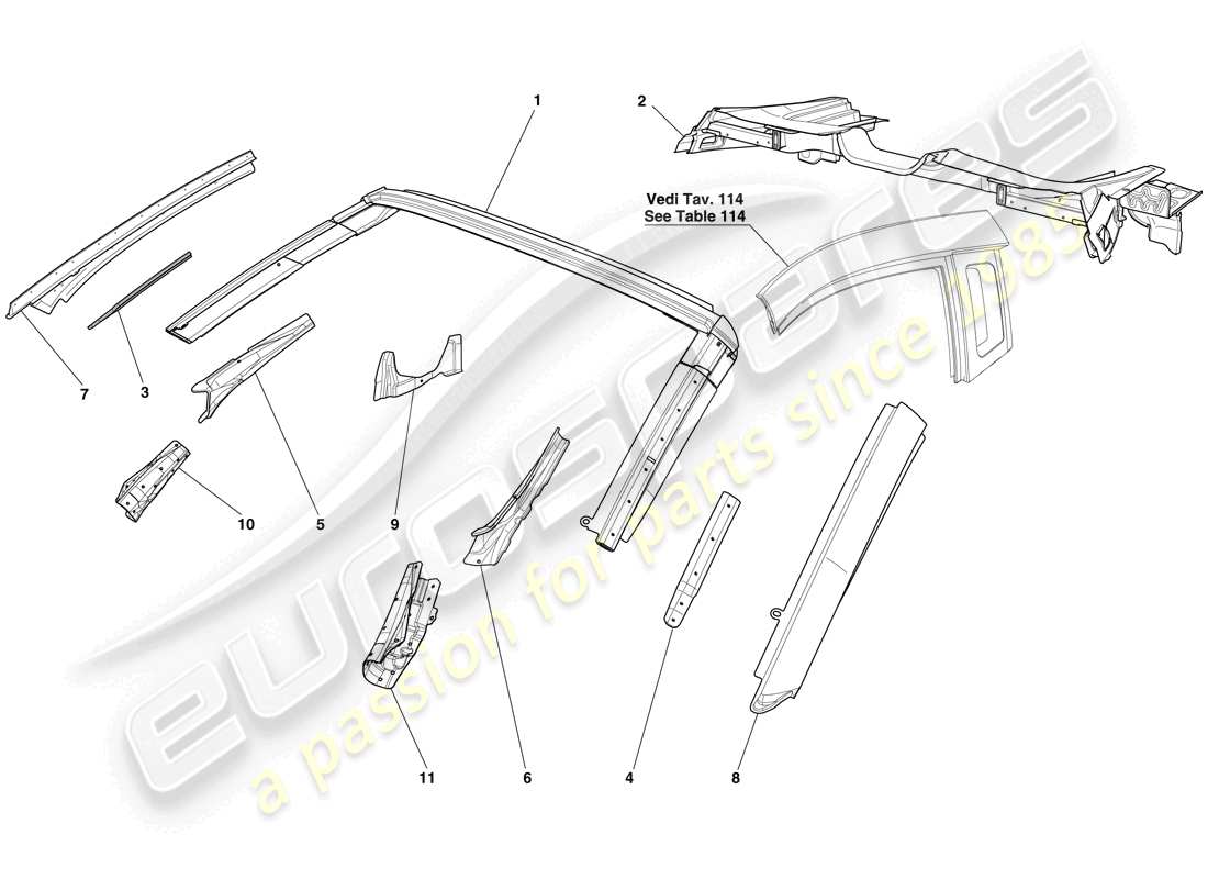 ferrari 599 sa aperta (rhd) scocca - tetto diagramma delle parti