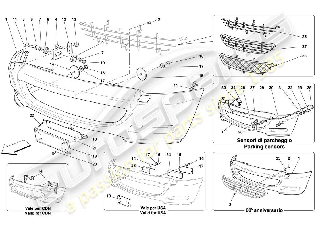 ferrari 612 sessanta (rhd) paraurti anteriore diagramma delle parti