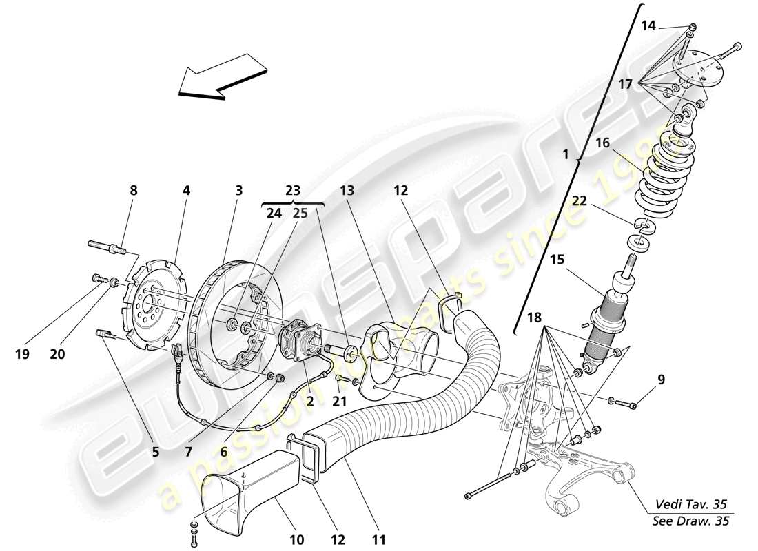 maserati trofeo sospensione anteriore - ammortizzatore e disco freno schema delle parti