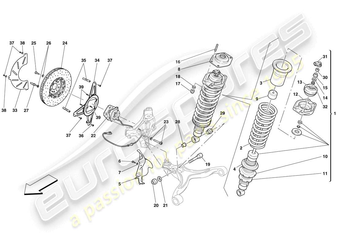 ferrari 599 gto (rhd) sospensione anteriore - ammortizzatore e disco freno schema delle parti