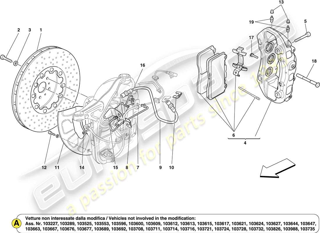 ferrari california (rhd) componenti del sistema frenante della ruota anteriore schema delle parti