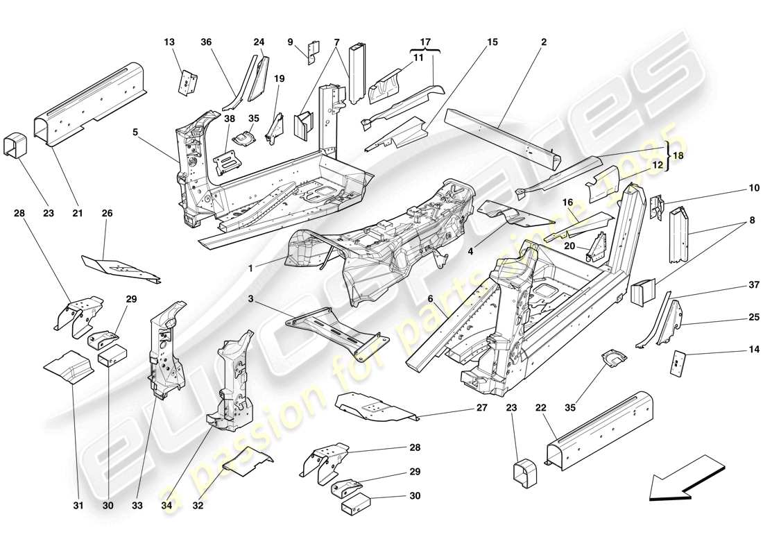 ferrari 599 gto (rhd) strutture ed elementi centro del veicolo schema delle parti