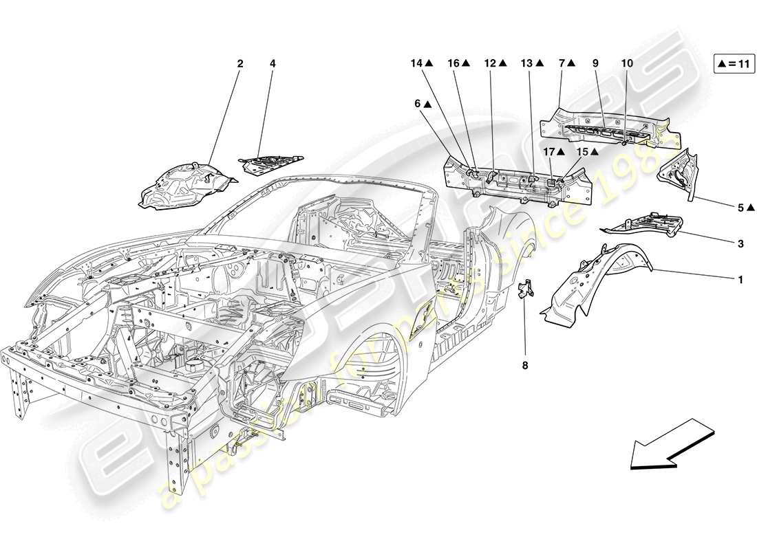 ferrari california (usa) scocca posteriore e rivestimento esterno diagramma delle parti