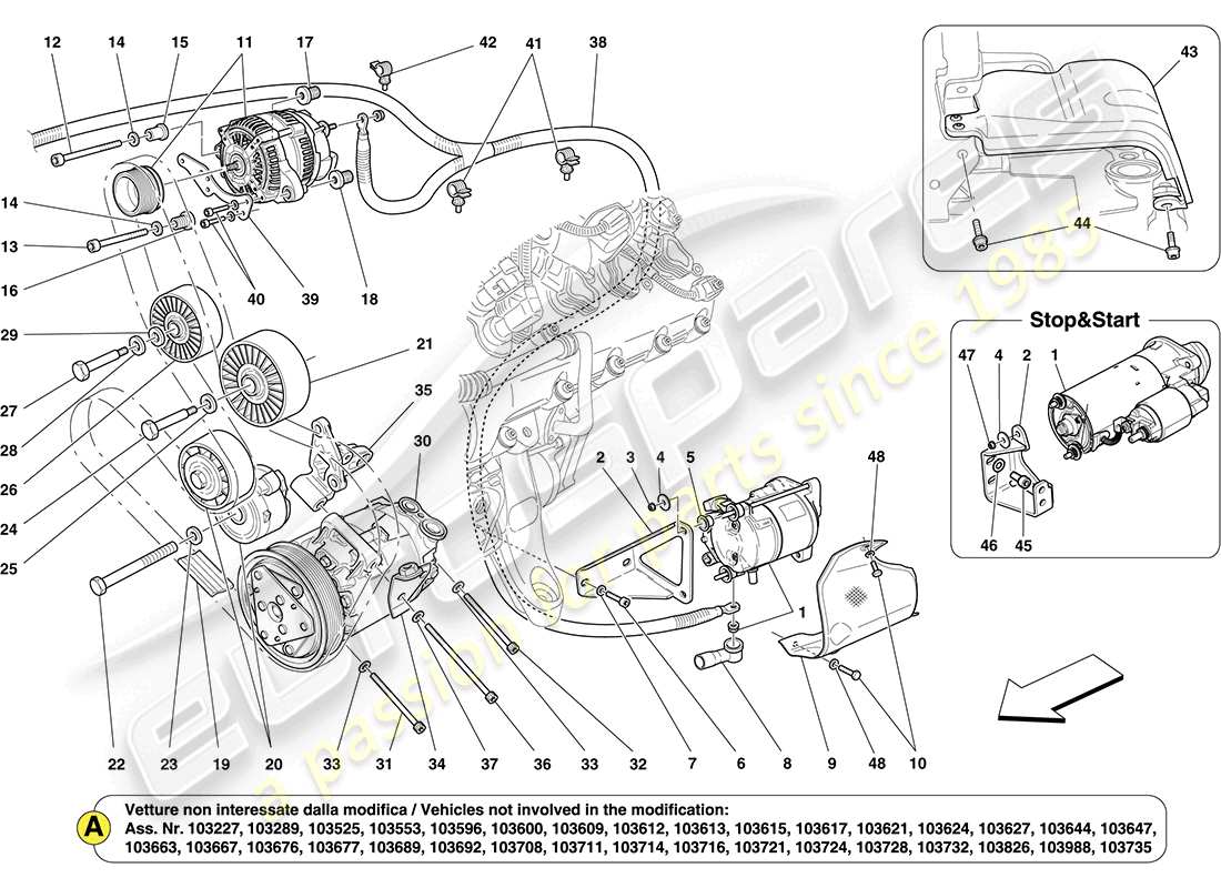 ferrari california (rhd) schema delle parti alternatore, motorino di avviamento e compressore ca