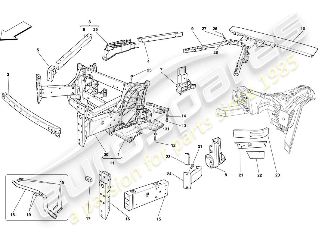 ferrari california (rhd) strutture anteriori e sezioni del telaio schema delle parti