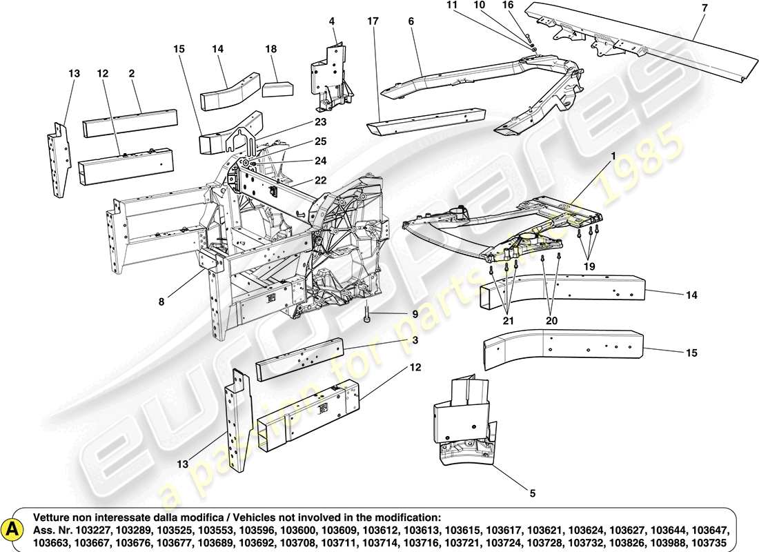 ferrari california (rhd) strutture anteriori e sezioni del telaio schema delle parti