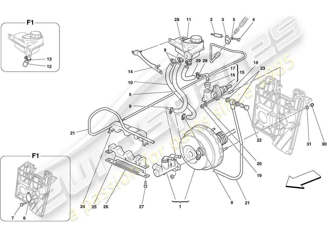 ferrari f430 coupe (rhd) comandi idraulici freno e frizione schema delle parti