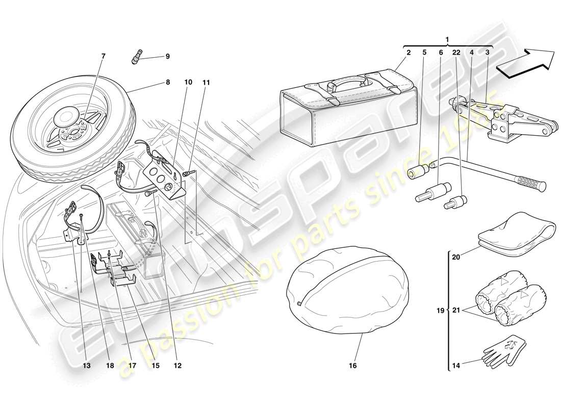 ferrari f430 scuderia (rhd) ruota di scorta e attrezzi diagramma delle parti